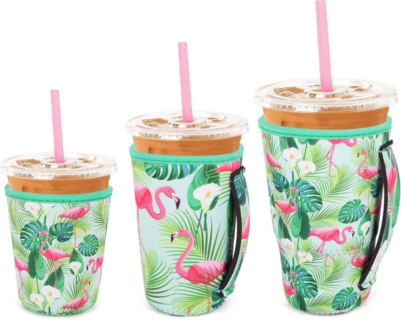Snowso 3 Pack Iced Coffee sleeve Insulated Neoprene Cup Sleeves with handle For Cold Drinks Beverages, Reusable Cup Holder for 16oz-32oz Coffee Cups (Flamingo) - Image 1